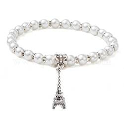 Glass Pearl Beaded Stretch Bracelets, with Alloy Charms, Eiffel Tower, Inner Diameter: 2-1/2 inch(6.2cm), Pendant: 23.5x8mm