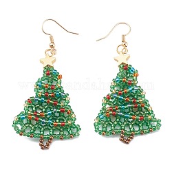 Perlas de vidrio árbol de navidad pendientes colgantes, para la Navidad, con los ganchos del pendiente de latón chapados de oro, verde, 53x33x4.5mm, pin: 0.8 mm