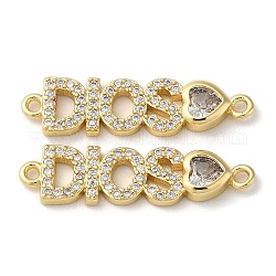 Rack Plating Brass Pave Clear Cubic Zirconia Connector Charms, Long-Lasting Plated, Lead Free & Cadmium Free, Letter DIOS Heart Links, Real 18K Gold Plated, 7x26x3mm, Hole: 1.2mm
