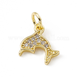 Brass Micro Pave Cubic Zirconia Charms, with Jump Ring, Dolphin Charm, Real 18K Gold Plated, 10x10x1.5mm, Hole: 3mm