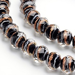 Handmade Gold Sand Lampwork Rondelle Beads Strands, Faceted, Black, 12x9mm, Hole: 1mm, 40pcs/strand, 14.2~15.4 inch
