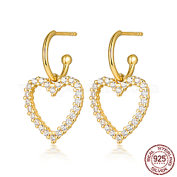 Herzförmige Ohrstecker aus Sterlingsilber mit 925 Strassen, baumeln Ohrringe für Frauen, golden, 25x14 mm