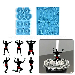 Exercising Men Shaped Straw Topper Silicone Mold Sets, Resin Casting Molds, for UV Resin & Epoxy Resin Craft Making, Deep Sky Blue, 100~107x58~86x4~6.7mm, Inner Diameter: 19~51x21~35.5mm, 2pcs/set