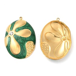 Enamel Pendants, with 304 Stainless Steel Rhinestone Finding, Real 18K Gold Plated, Oval with Flower Charm, Green, 34x23.5x5.3mm, Hole: 1.4mm