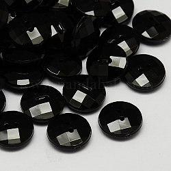 Bouton acrylique de Taiwan, nacré, facette, 2-trou, plat rond, noir, 11.5x4mm, Trou: 1mm