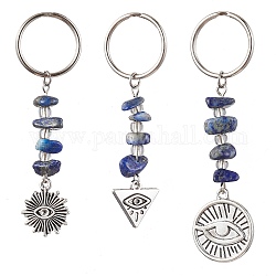 Porte-clés en alliage de style tibétain, avec perles de lapis-lazuli naturelles et porte-clés fendus en fer, formes mixtes, mauvais œil, formes mixtes, 6.4~7.3 cm, pendentifs: 42~52x15~19x6 mm