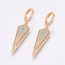 Brass Micro Pave Cubic Zirconia Dangle Hoop Earrings, Triangle, Colorful, Golden, 50mm, Pin: 1mm