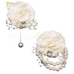 絹の布の模造花の手首  模造真珠ストレッチブレスレット付き  結婚式のための  パーティーの装飾  フローラルホワイト  75~110x65~75x31~34mm