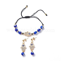 Bracciale con perline intrecciate malocchio a lume e orecchini pendenti, gioielli a mano di hamsa di strass per le donne, blu, 43mm, diametro interno: 28~83mm