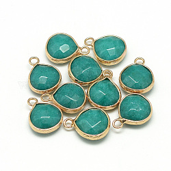 Natural White Jade Pendants, with Nickel Free Brass Findings, Faceted, Dyed, Teardrop, Golden, Teal, 17.5x13.5x6.5mm, Hole: 2mm