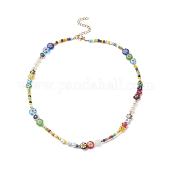 Collana da donna con perle naturali, millefiori e semi di vetro, colorato, 16.26 pollice (41.3 cm)