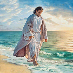 Jésus marchant sur la plage, thème religieux, kit de peinture diamant à faire soi-même, y compris le sac de strass en résine, stylo collant diamant, plaque de plateau et pâte à modeler, colorées, 400x300mm