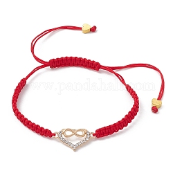Cuore di strass in lega con braccialetto a maglie infinite, Bracciale regolabile intrecciato in filo di nylon, rosso, diametro interno: 1-3/4~3-1/2 pollice (4.4~8.9 cm)