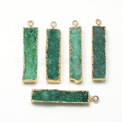 Druzy naturale agata ciondoli, con accessori di ottone, tinto, rettangolo, oro, verde mare, 39~44x9~12x8~15mm, Foro: 1.8 mm