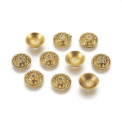Tibetan Style Alloy Caps, Lead Free & Nickel Free & Cadmium Free, Flat Round, Antique Golden, 10.5x3mm, Hole: 1.5mm