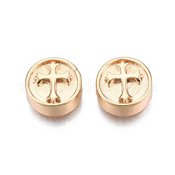 Brass Beads, Flat Round with Cross, Cadmium Free & Nickel Free & Lead Free, Real 18K Gold Plated, 10x4.5mm, Hole: 1.4mm