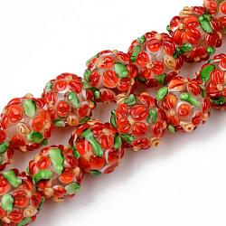 Hilos de abalorios de murano hechos a mano, desigual, redondo con flor, rojo naranja, 12~13x11~12mm, agujero: 1 mm, aproximamente 40 pcs / cadena, 16.69 pulgada (42.4 cm)