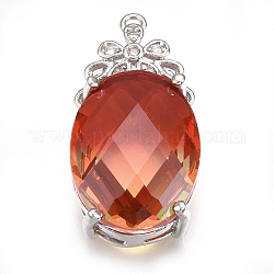 Colgantes de cristal K9, con fornituras de rhinestone y latón, facetados, oval, Platino, rojo naranja, 26.5x13x8mm, agujero: 1.2 mm