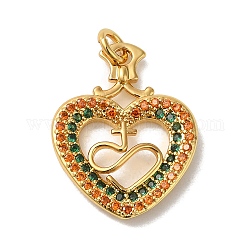 Rack Plating Brass Micro Pave Cubic Zirconia Pendants, with Jump Ring, Long-Lasting Plated, Lead Free & Cadmium Free, Heart with Cross Charm, Real 18K Gold Plated, 22.5x18x3mm, Hole: 3.5mm