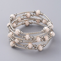 Bracelets de perles de verre de mode, 5 boucles, laiton avec des perles tubulaires, Perles en fer, capuchons de billes en alliage et fil à mémoire en acier, rose, 2-1/8 pouce (5.5 cm)