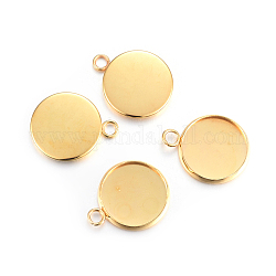 Rack Plating 304 Stainless Steel Pendant Cabochon Settings, Plain Edge Bezel Cups, Flat Round, Real 24K Gold Plated, Tray: 14mm, 20x16x2mm, Hole: 2.2mm