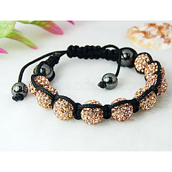 Bracelets tressés de boule de disco de mode de strass, bracelet noeud carré, Grade a, avec des perles d'hématite, lt.col.topaz, 53~61mm