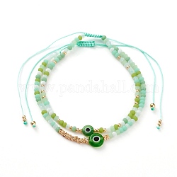 Set di braccialetti di perline di nylon intrecciati regolabili, con lampwork perline malocchio, perline di vetro fgb, perle di vetro smerigliato e perline in ottone testurizzato, prato verde, diametro interno: 2~4 pollice (5.2~10.2 cm), 2 pc / set