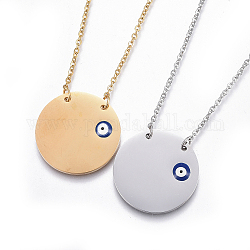 304 Stainless Steel Pendant Necklaces, with Enamel and Cable Chains, Flat Round with Eye, Mixed Color, 18.5 inch(47cm), Pendant: 23x2.5~3mm