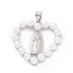 Ottone con pendenti in plastica abs imitazione perla, cuore con fascino vergine maria, platino, 25.5x25x5mm, Foro: 3.5x5 mm