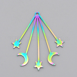 Placage ionique (ip) 201 pendentifs en acier inoxydable, Coupe au laser, lune avec étoile, couleur arc en ciel, 41x34.5x1mm, Trou: 1.8mm
