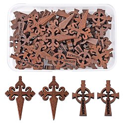 40個2スタイルの木製ペンダント  宗教  染め  エルサレム十字と十字架  ココナッツブラウン  34~43.5x21~29x4.5mm  穴：1.5mm  20個/スタイル