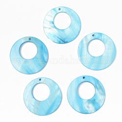 Colgantes de concha natural de agua dulce, plano y redondo, teñido, luz azul cielo, 44~45x3~4mm, agujero: 1.6 mm