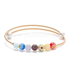 Bracelet manchette en perles rondes en verre millefiori fait à la main avec perle, bracelet torque en cuivre plaqué or pour femme, colorées, diamètre intérieur: 2-1/4 pouce (5.8 cm)