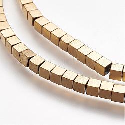 Non-magnetic Synthetic Hematite Beads Strands, Vacuum Plating, Grade A, Cube, Light Gold Plated, 3x3x3mm, Hole: 0.5mm, about 136pcs/strand, 15.7 inch