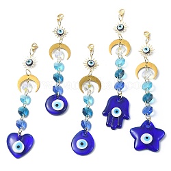 Décorations de pendentif au chalumeau mauvais œil faites à la main, avec perles de verre octogonales et lien lune, Fermoirs mousquetons en 304 acier inoxydable, étoile/cœur/rond plat/larme/main de hamsa, bleu moyen, 166~190mm