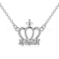 Trendy Silver Color Plated Brass Cubic Zirconia Crown and Cross Pendant Necklaces, 18 inch