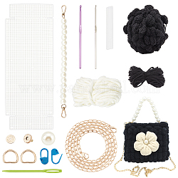 Kits de tissage de sac à main bricolage, y compris le gros fil, fermoir magnétique, feuille de maille, aiguille au crochet, noir, 16x17~18x6 cm