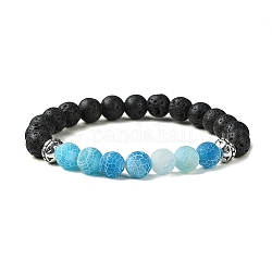 Natürliches, gefärbtes Crackle-Achat- und Lavastein-Stretch-Armband mit runden Perlen, Blau, Innendurchmesser: 2 Zoll (5.2 cm)