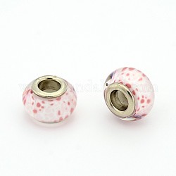 Handmade Polymer Clay Enamel Large Hole Rondelle European Beads, with Platinum Brass Double Cores, Pink, 14x9mm, Hole: 5mm