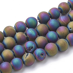 Fili di perline di agata stagionata geode druzy galvanica, smerigliato, tinto, tondo, multicolore placcato, 7.5~8mm, Foro: 1~1.5 mm, circa 44~46pcs/filo, 14.5~15 pollice