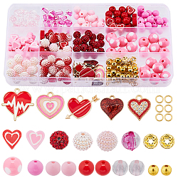 Sunnyclue kit fai da te per creare braccialetti di San Valentino, inclusi acrilico e argilla polimerica, palla da discoteca con pavé e perline rotonde in plastica, ciondoli smaltati lega del cuore, roso, 320pcs/scatola