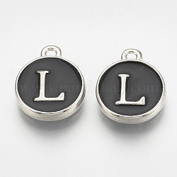Charms del esmalte de la aleación, plano y redondo con la letra, Platino, negro, letter.l, 14x11.5x2.5mm, agujero: 1 mm