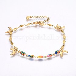 304 Stainless Steel Charm Bracelets, with Lobster Claw Clasps and Enamel, Moon, Golden, 8-1/4 inch(21cm), 3.5~4.5mm, Charms: 9x11x1mm