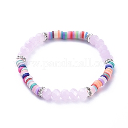 Kids Stretch Bracelets, with Polymer Clay Heishi Beads, Faceted Glass Beads and Brass Rhinestone Beads, Misty Rose, Inner Diameter: 1-7/8 inch(4.7cm)