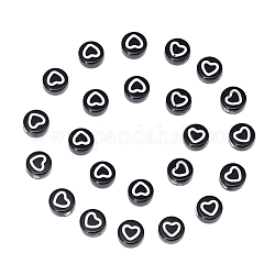 Craft Style Acrylic Beads, Flat Round with Heart, Black, 7x3.5mm, Hole: 1.5mm, about 4000~4400pcs/500g