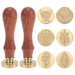 SUPERDANT DIY Scrapbook, Including Pear Wood Handle, Wax Seal Brass Stamp Head, Other Pattern, Brass Stamp Head: 6pcs