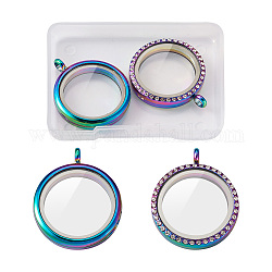 2Pcs 2 Style Alloy Magnetic Locket Pendants, Photo Frame Living Memory Floating Charms, with Glass Cover, Flat Round, Rainbow Color, 30x6.3mm, Hole: 4mm, 1pc/style