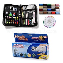 Coser & tejer kits de herramientas, incluyendo botones, alfileres, tijeras, lápiz, hilos de coser, agujas de tejer, ganchos de ganchillo, cabezal, regla y máquina de coser a mano, color mezclado, 17x10.7x2.3 cm