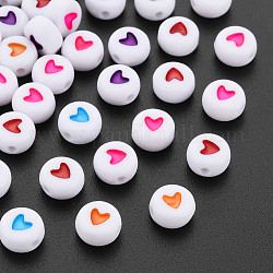 Perles acryliques, plat et circulaire avec coeur, couleur mixte, 7x4mm, Trou: 1mm, environ 3600 pcs/500 g