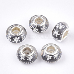 Resina perline europei, perline con foro grande, con nuclei in ottone, sitle natale, rondelle, colore argento placcato, nero, 13.5~14x9~9.5mm, Foro: 5 mm